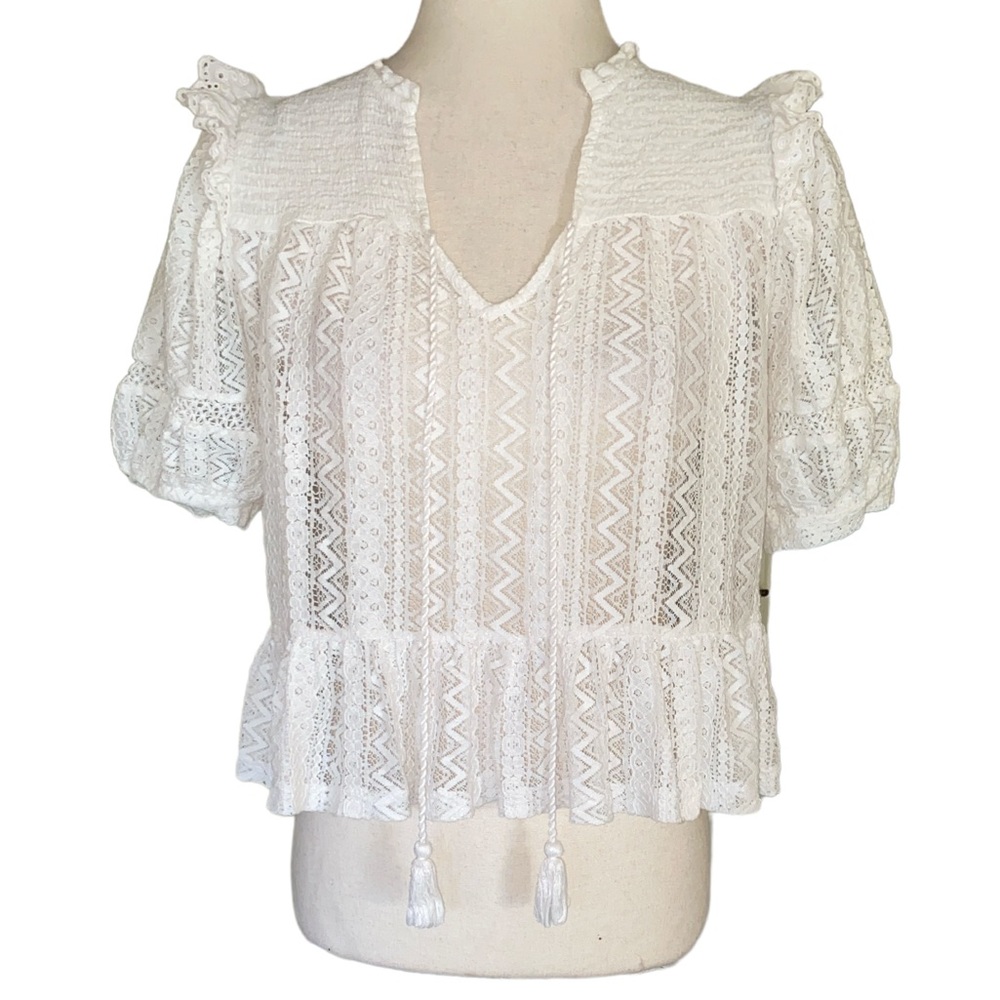 Mango MNG White Eyelet Lace Smocked Ruffle Tie Front Tassel Cropped Blouse - XS - Picture 1 of 9